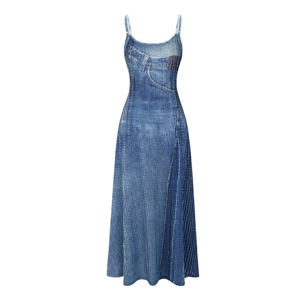NEW Micas Blue Denim Print Slip Maxi Dress Spaghetti Strap Patchwork Y2K Small